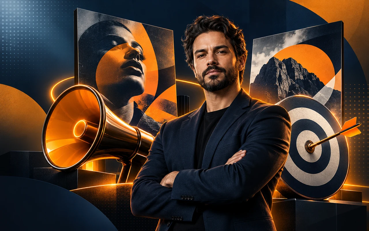 Composição de campanha com retrato, peças gráficas, megafone e alvo